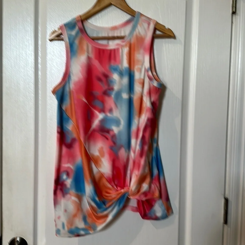 Size large, tie-dye sleeveless crewneck knotted waist top NWOT